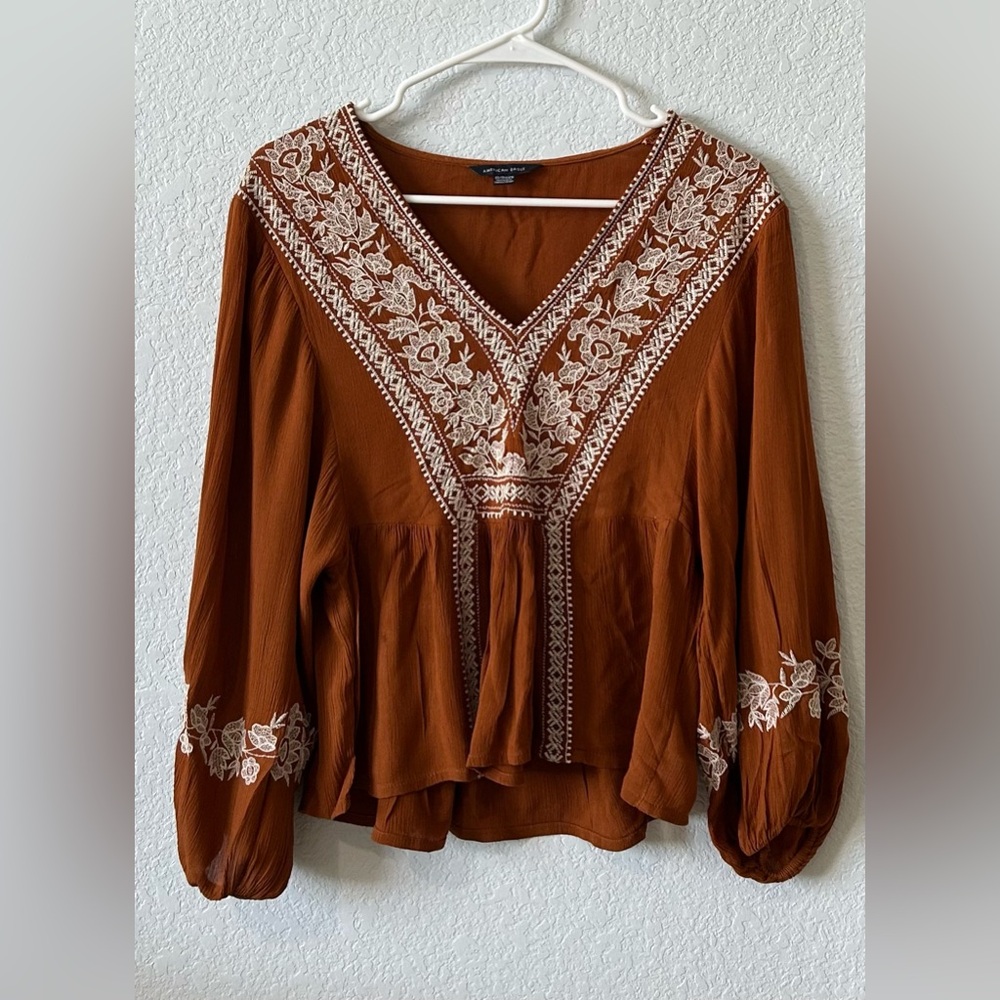 American Eagle Rust Embroidered Boho Peplum Top | Long Sleeve | XS